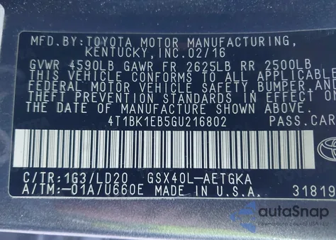 2016 Toyota Avalon Xle z USA, uszkodzony, nr VIN 4T1BK1EB5GU216802